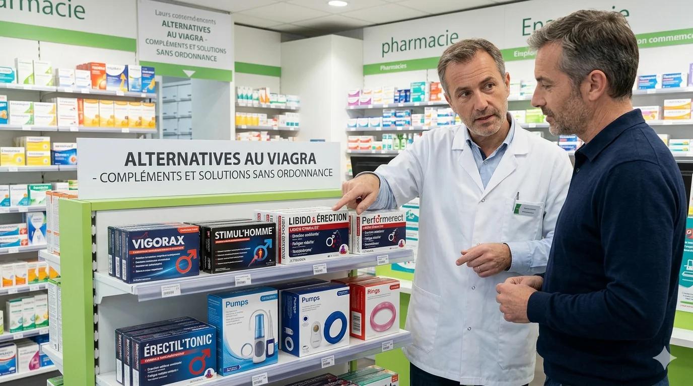Pharmacien indiquant les alternatives au viagra en Pharmacie