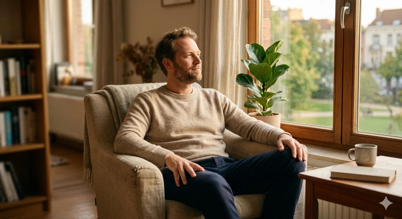 Homme rassuré après avoir vaincu sa honte de l'éjaculation précoce grâce à un accompagnement médical adapté