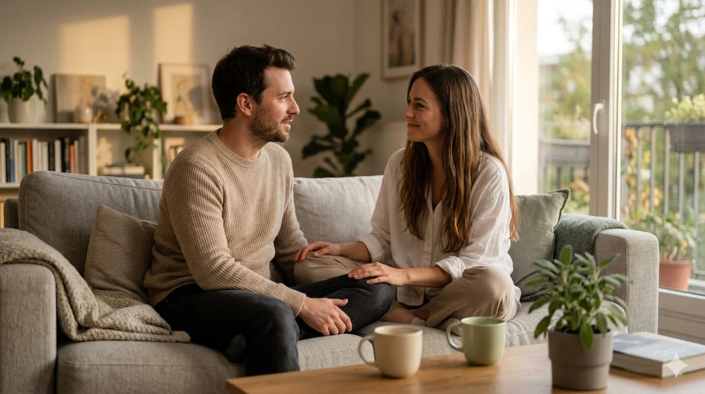 Couple en discussion bienveillante surmontant la peur de jouir trop vite ensemble
