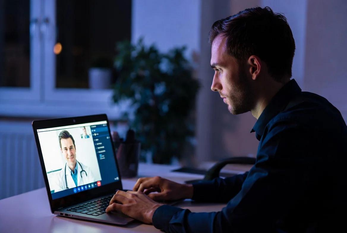 Homme consultant un médecin en ligne pour obtenir une ordonnance de Viagra en toute discrétion