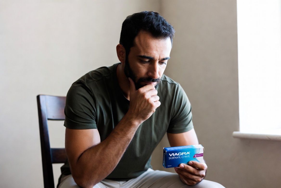 Homme réfléchissant sur l'utilisation du Viagra et la question de la dépendance Homme réfléchissant sur l'utilisation du Viagra et la question de la dépendance