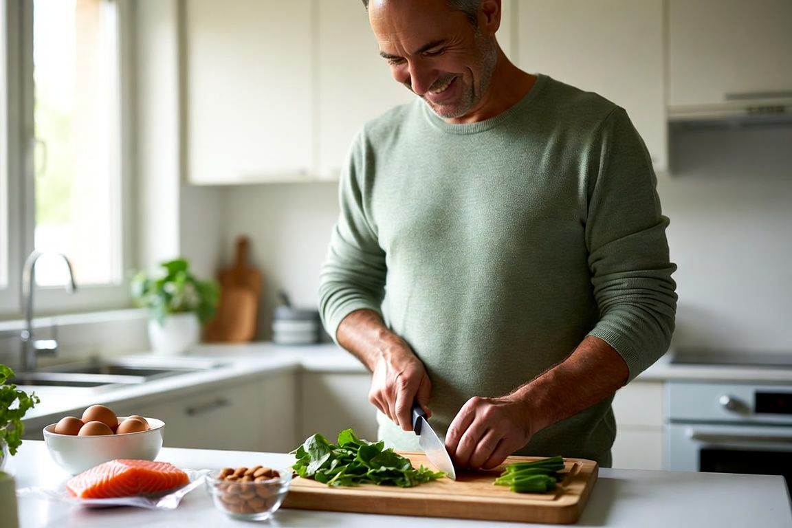 Hombre cocinando alimentos frescos para cuidar su testosterona