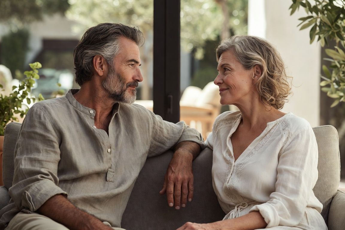 Couple mature dialoguant sereinement dans un salon méditerranéen évoquant le lien entre HBP, érection et santé sexuelle