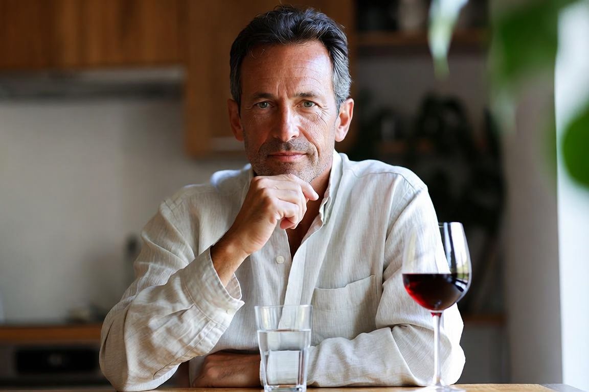 Homme de 50 ans pensif devant un verre de vin, s'interrogeant sur le lien entre alcool et maladie de La Peyronie