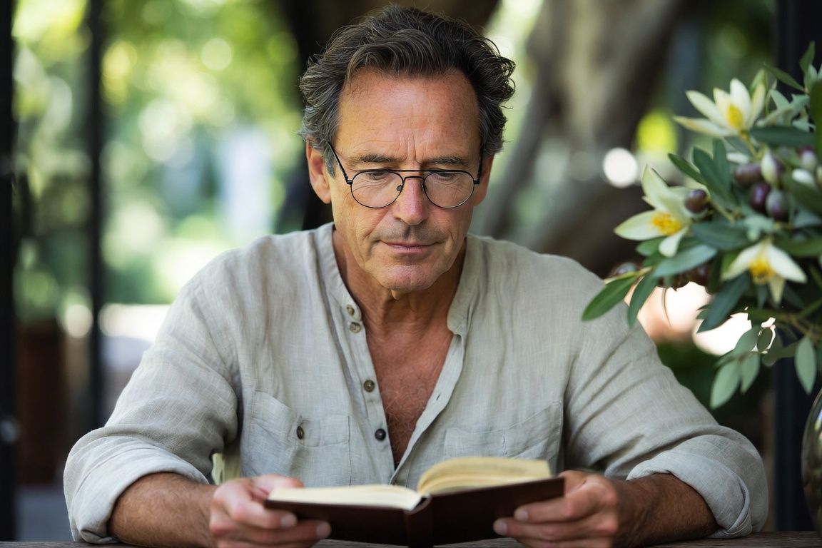 Homme de 58 ans lisant attentivement dans sa cuisine méditerranéenne évoquant le traitement miracle prostate à démystifier Homme de 58 ans lisant attentivement dans sa cuisine méditerranéenne évoquant le traitement miracle prostate à démystifier