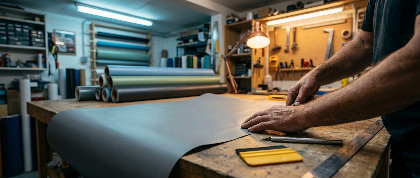 Werkplaats waar interieurfolie met de hand wordt voorbereid