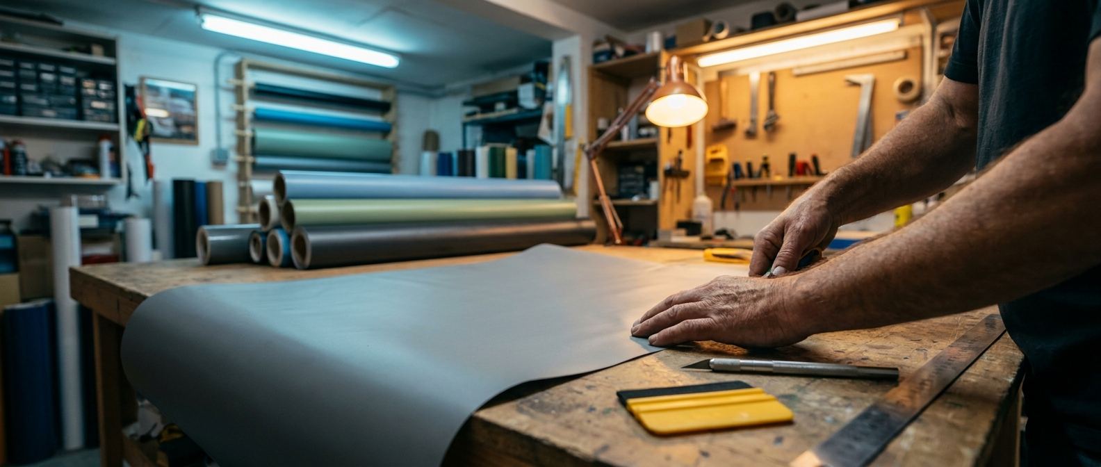 Werkplaats waar interieurfolie met de hand wordt voorbereid