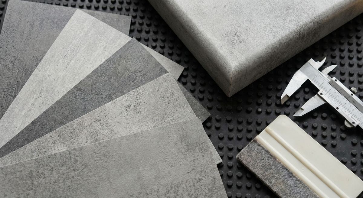 Werkblad proefstuk met betonlook folie, meetgereedschap en rakel