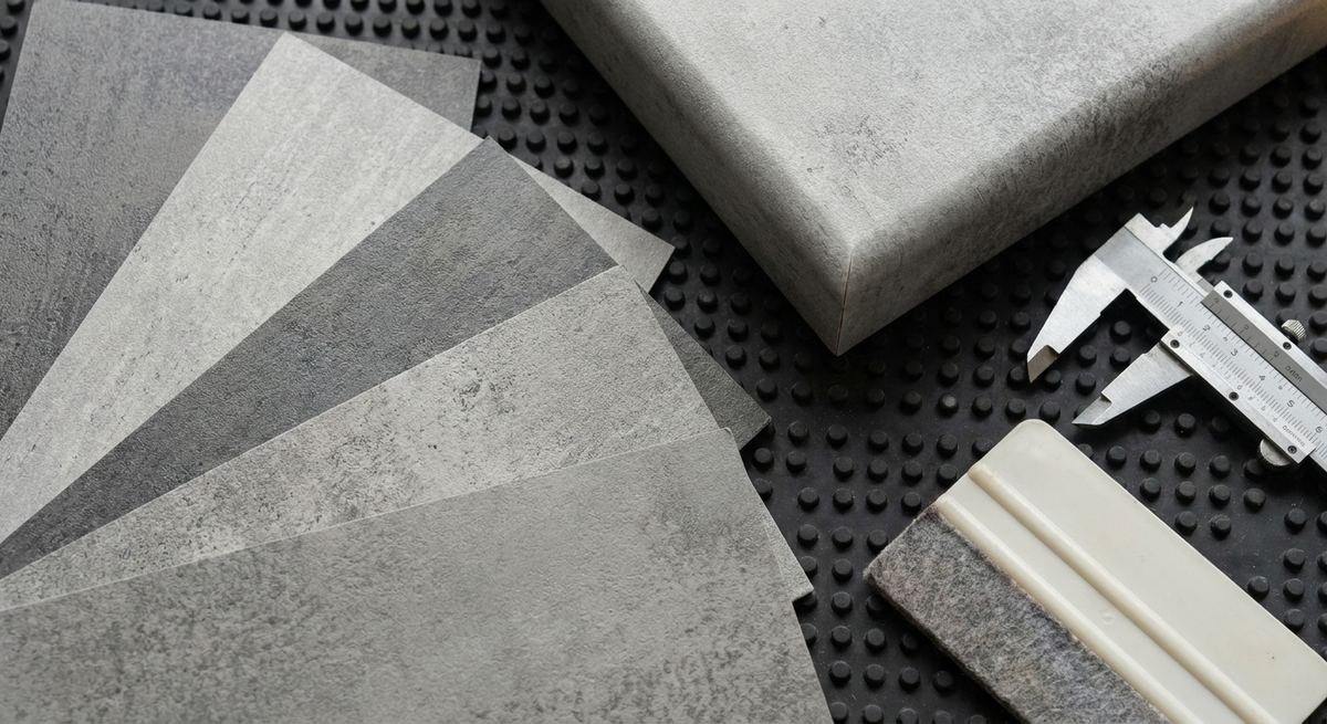 Werkblad proefstuk met betonlook folie, meetgereedschap en rakel