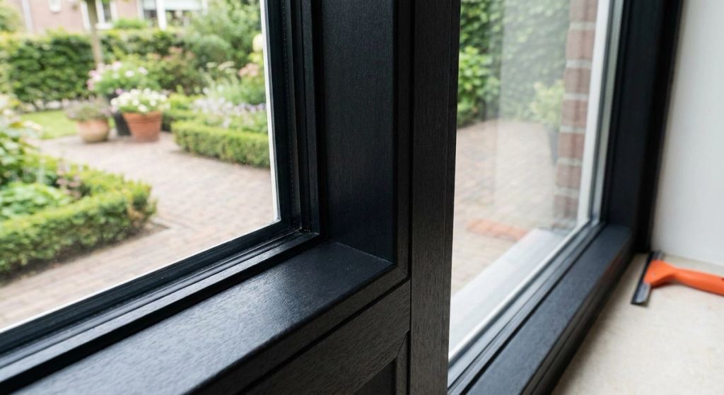 Mat zwart gewrapt raamkozijn met zicht op een Nederlandse tuin