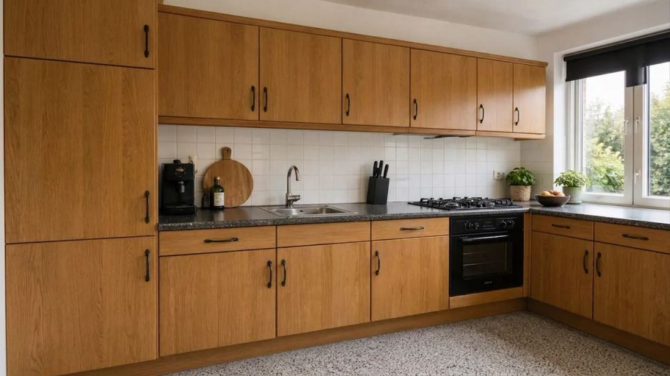 Gedateerde houten keuken voor het wrappen van de kastfronten