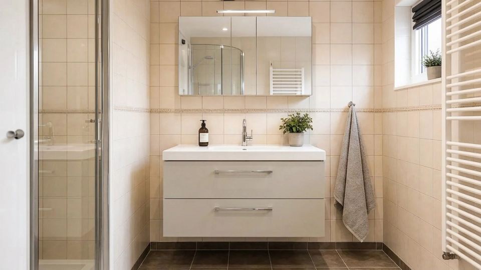 Dezelfde badkamer na wrapping met heldere spa uitstraling en lichte matte fronten