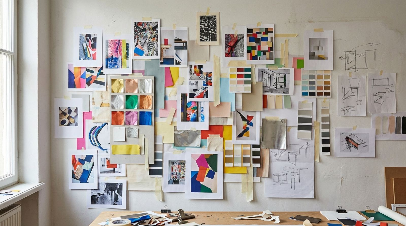 Studiowand met projectprints en foliestalen voor voor-en-na inspiratie