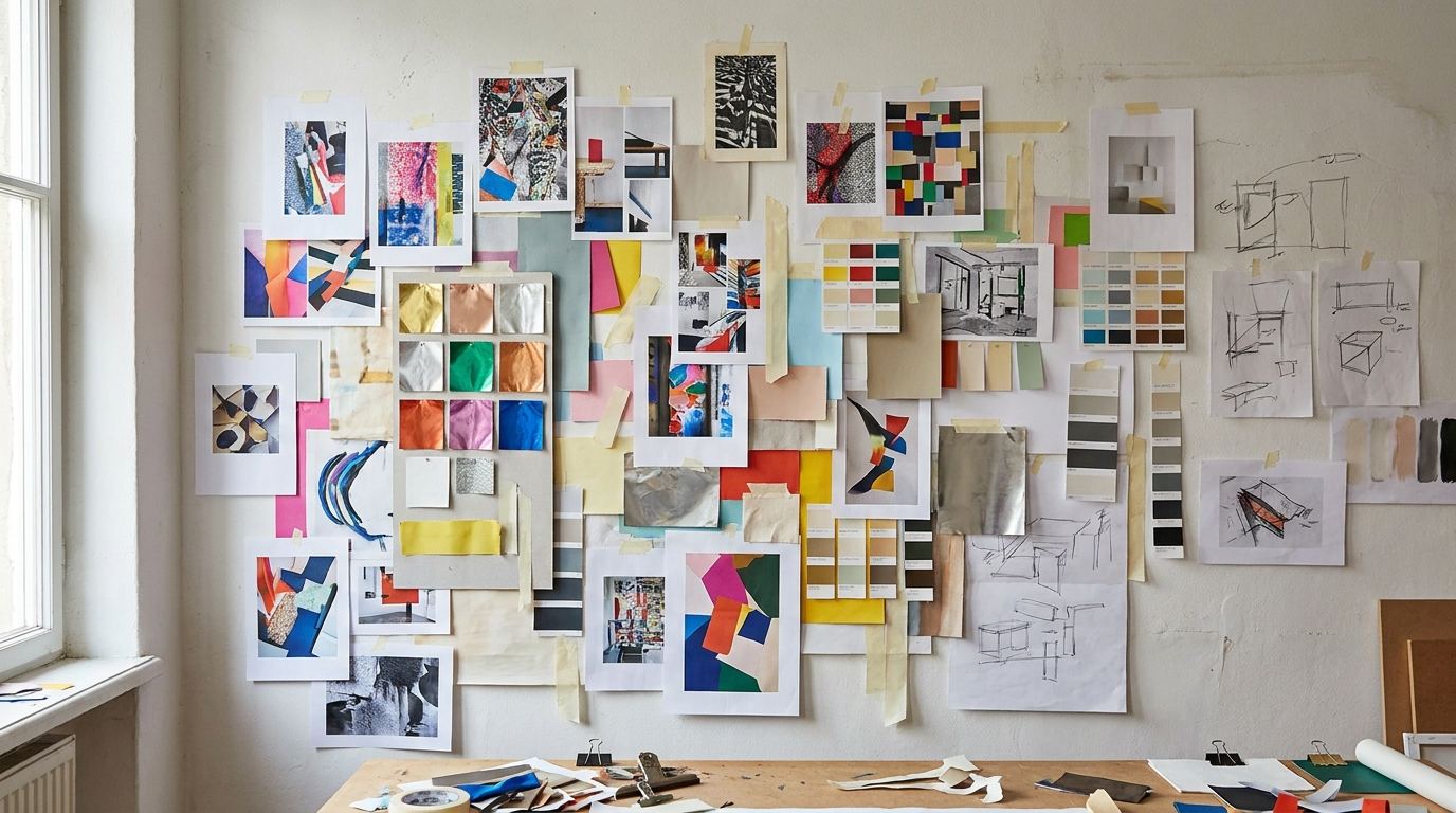 Studiowand met projectprints en foliestalen voor voor-en-na inspiratie