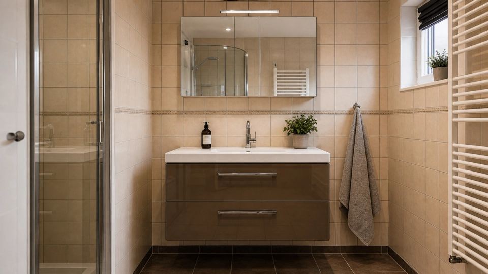 Gedateerde badkamer met beige tegels en donkere wastafelmeubel fronten voor wrapping
