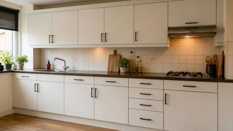 Dezelfde kastfronten na wrapping met heldere matte warm witte folie en zwarte grepen