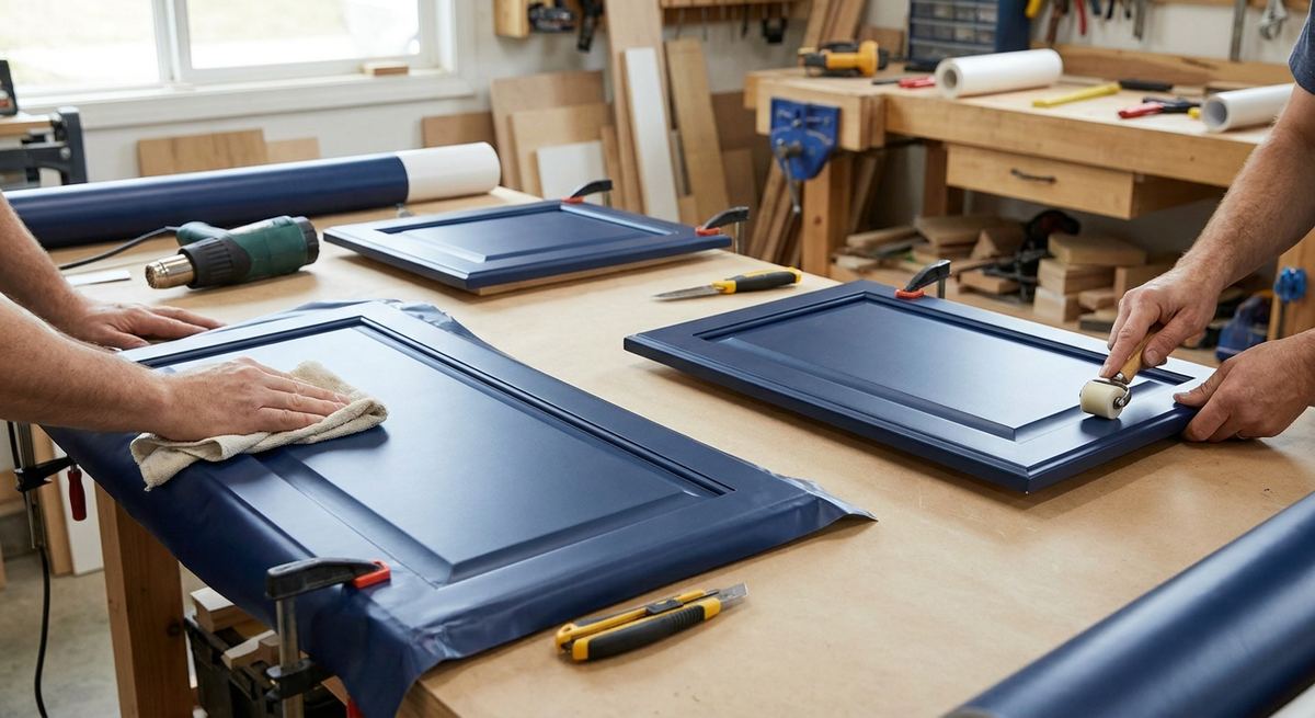 Losse kastdeuren worden op een werktafel met navy folie gewrapt