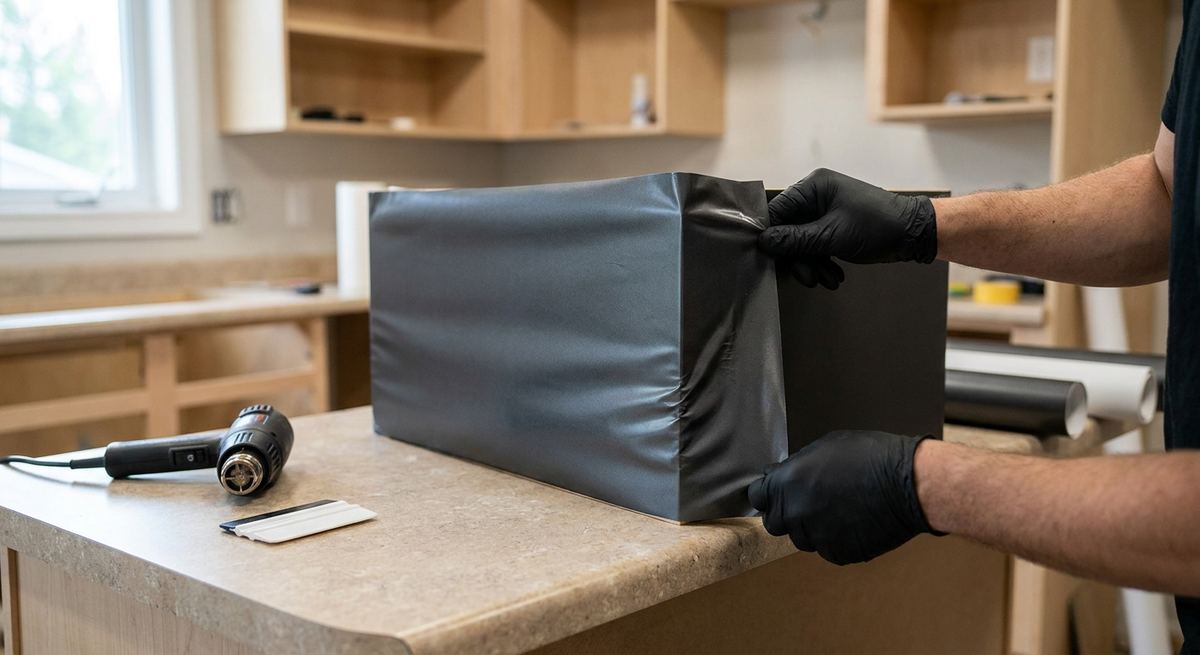 Installer werkt een donkere folie strak af op een keukenkast hoek