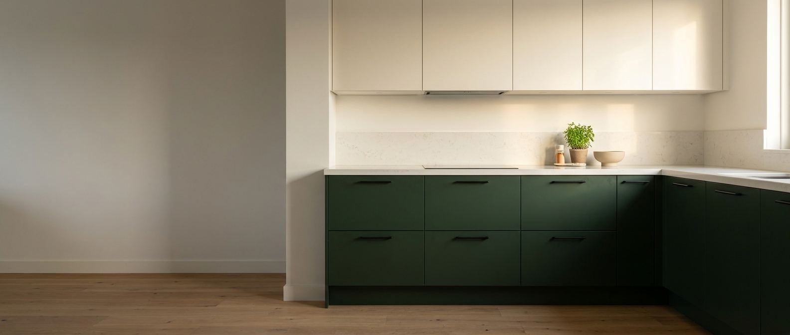 Haarscherpe keuken met bosgroene gewrapte fronten en warm natuurlijk licht