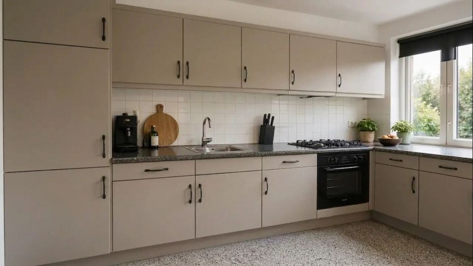 Dezelfde keuken na wrapping met een moderne matte greige afwerking