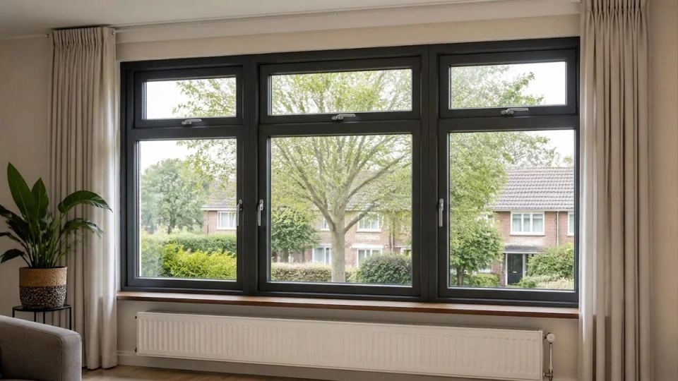 Dezelfde raamkozijnen na wrapping met moderne matte antraciet folie