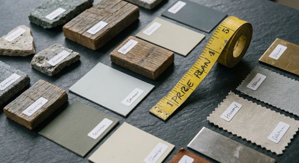 Macro van materiaalstalen en meetlint voor een prijsindicatie