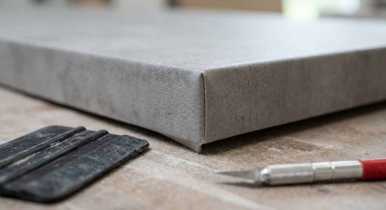 Concrete-look aanrechtbladfolie met strakke randafwerking