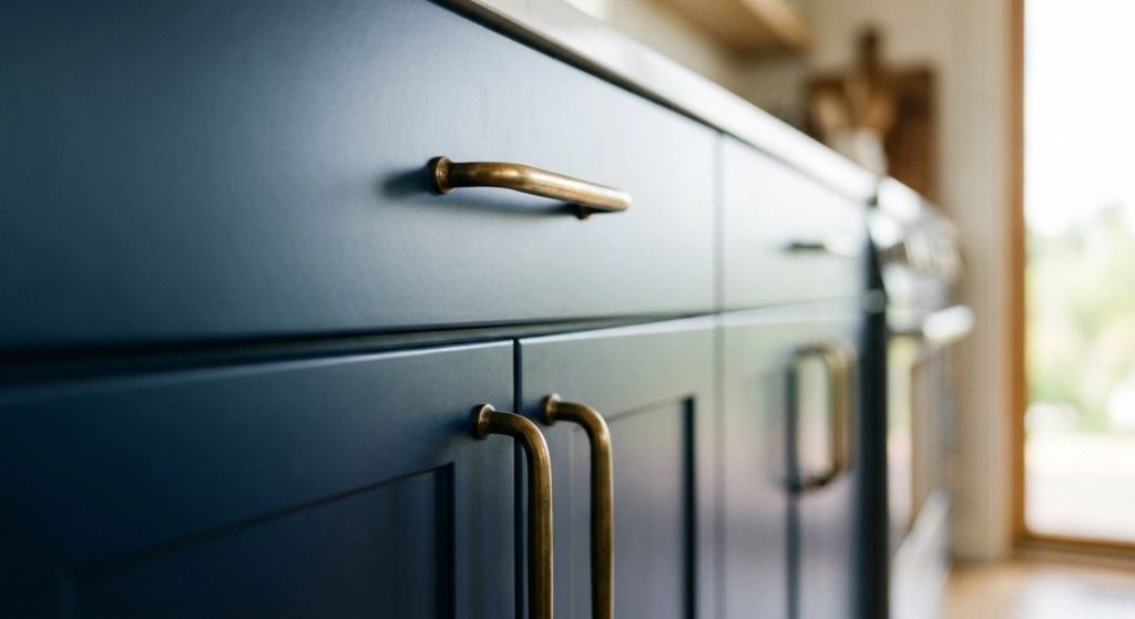 Navy keukenkastjes met messing grepen en satijnen folieafwerking