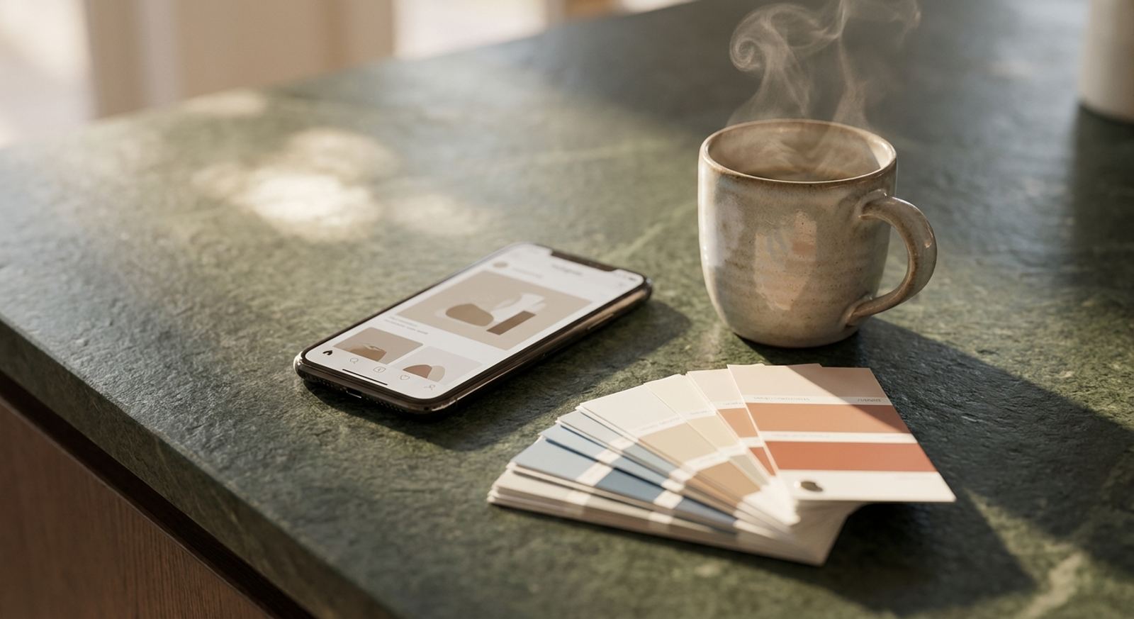 Telefoon, koffie en foliestalen op een donkergroen werkblad