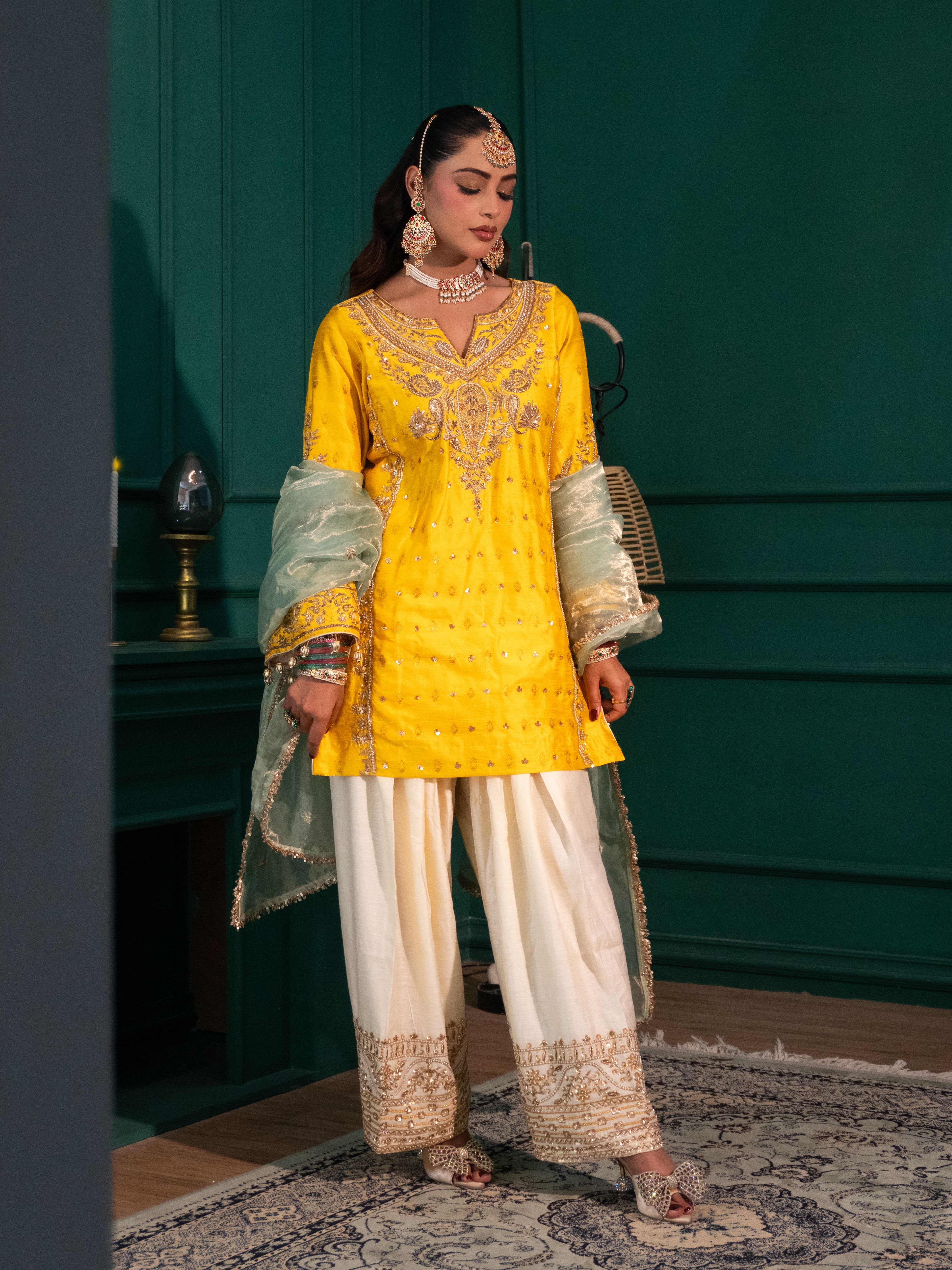 Yellow and Ivory Farshi Salwar