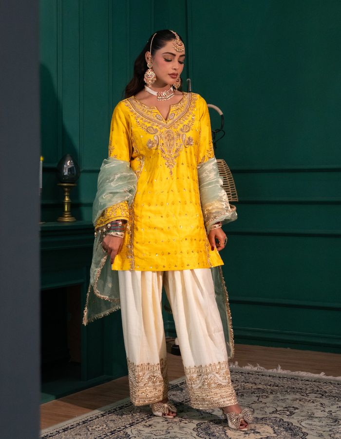 Yellow and Ivory Farshi Salwar