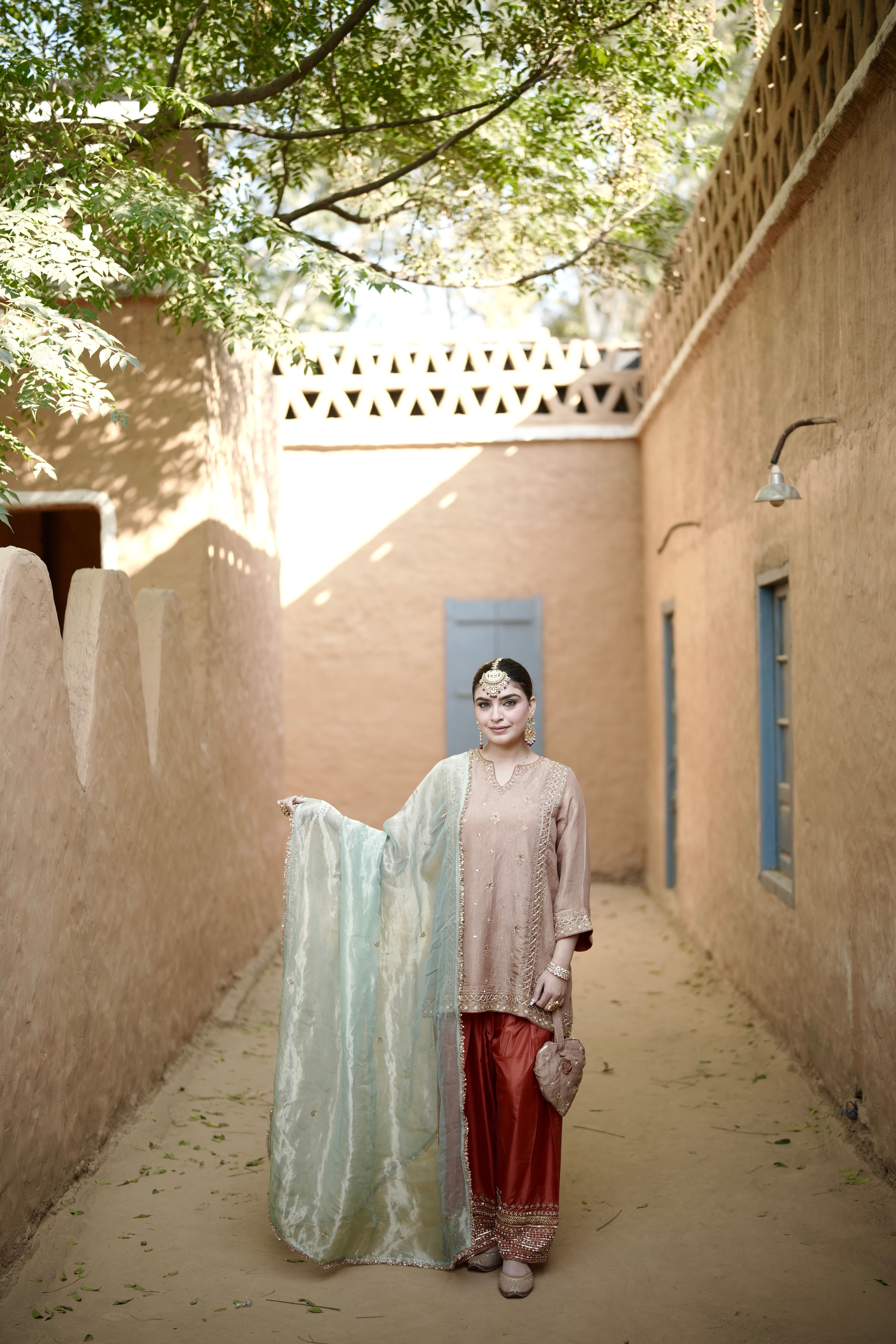 Peach Rust Teal Farshi Salwar Suit