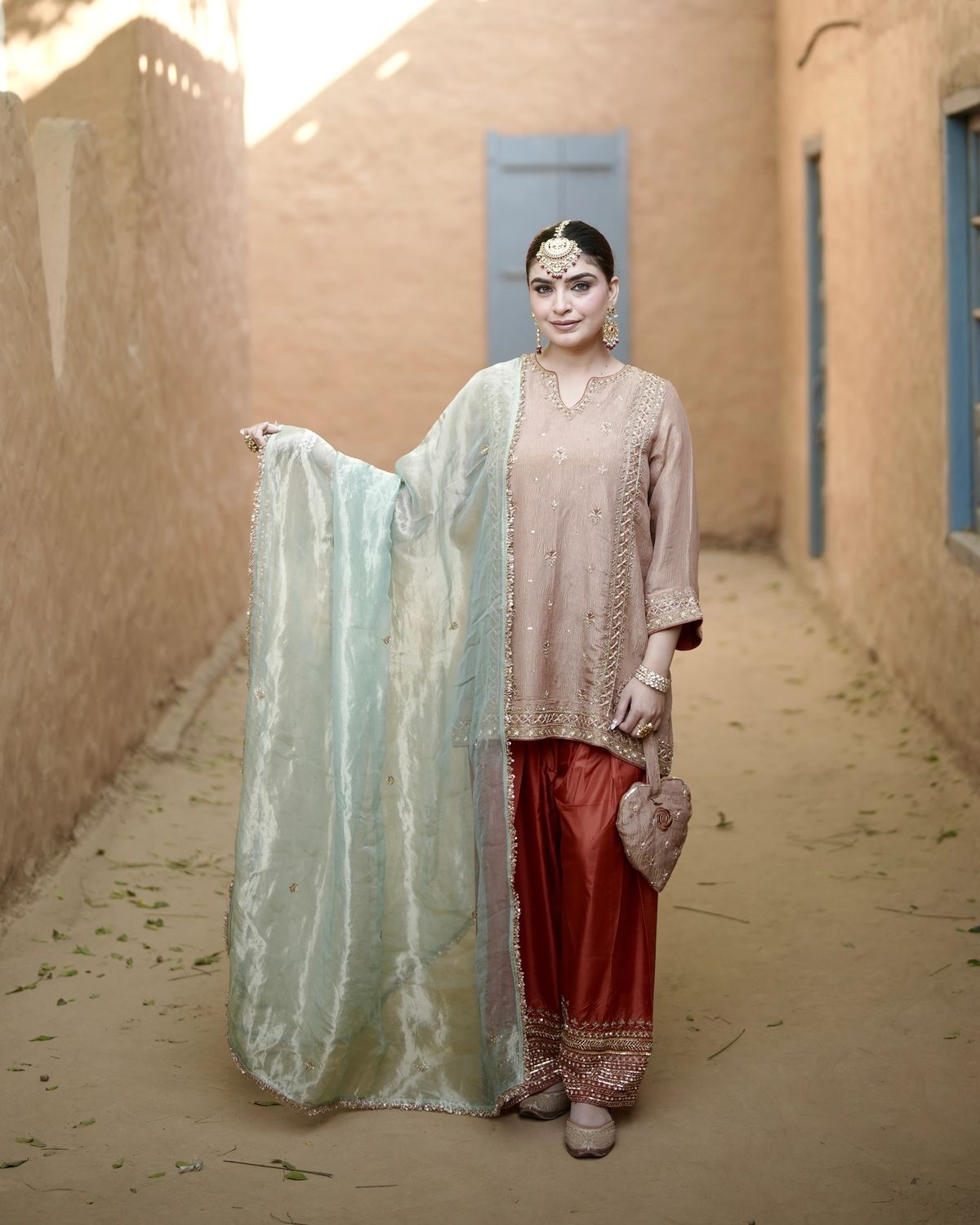 Peach Rust Teal Farshi Salwar Suit