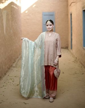 Peach Rust Teal Farshi Salwar Suit