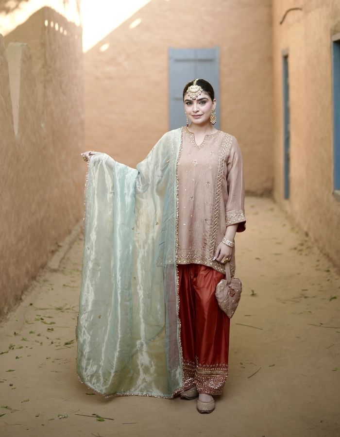 Peach Rust Teal Farshi Salwar Suit