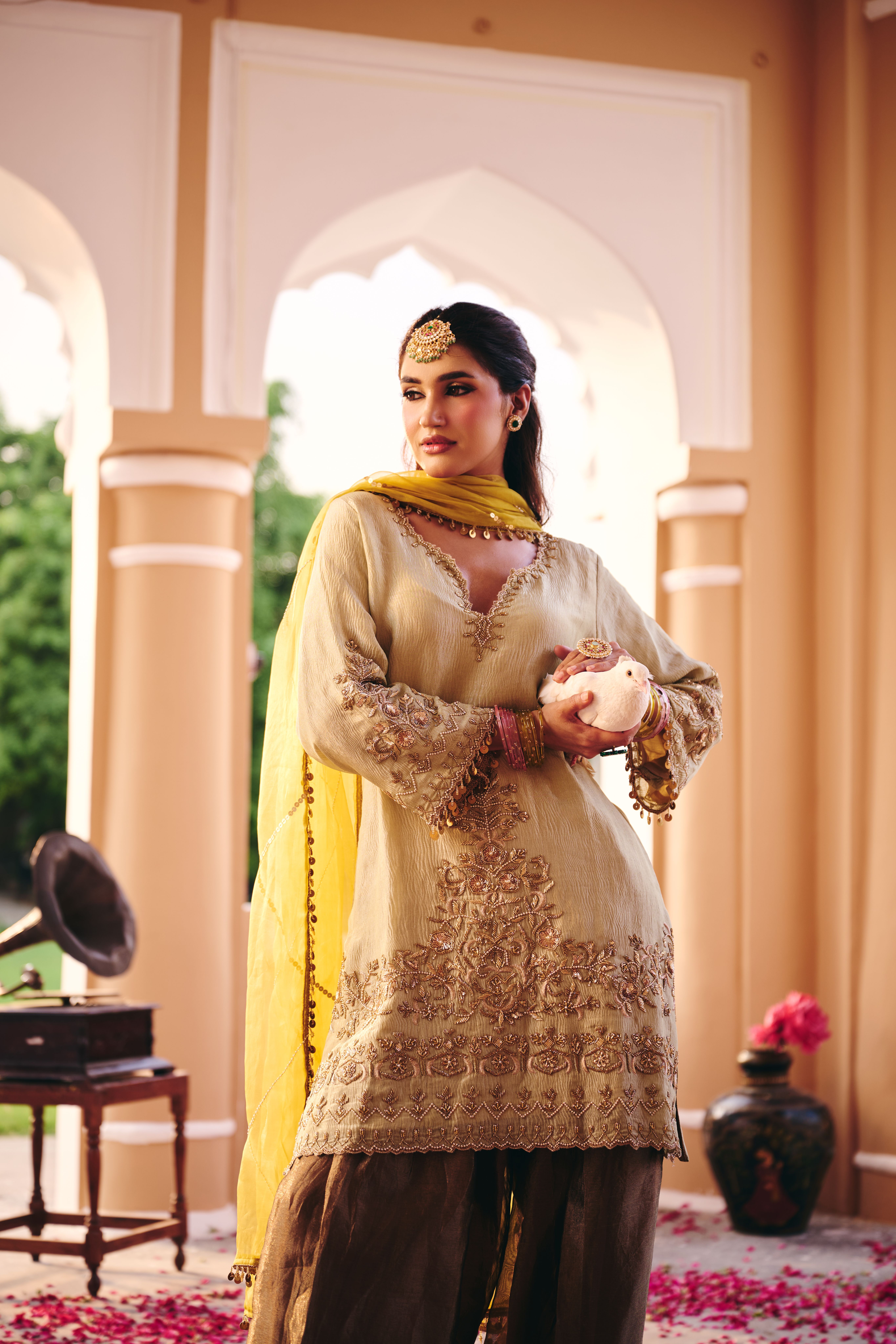 Pista Green and Copper Farshi Salwar Suit