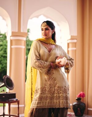 Pista Green and Copper Farshi Salwar Suit