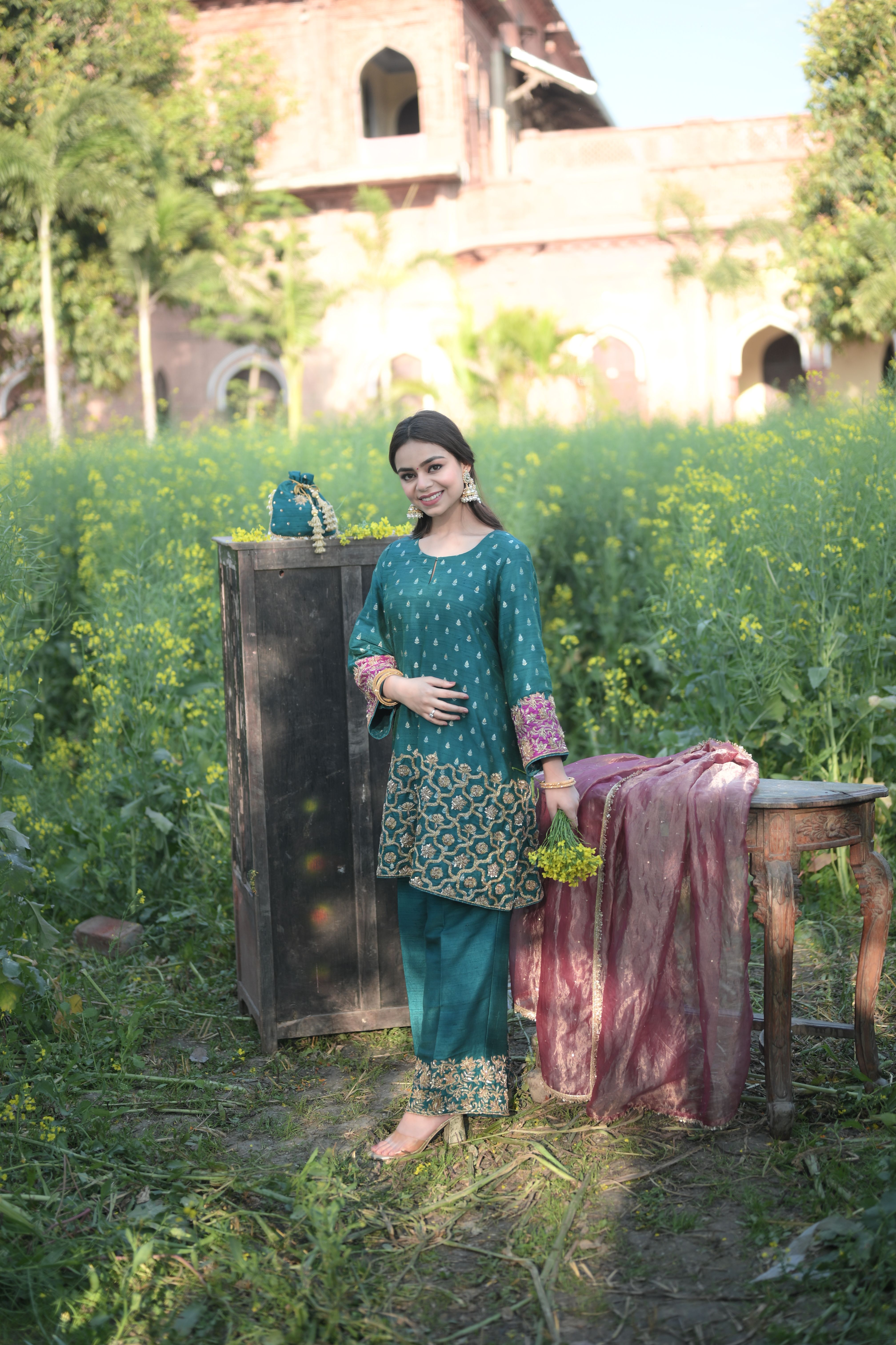Emerald Teal and Wine Pant Set