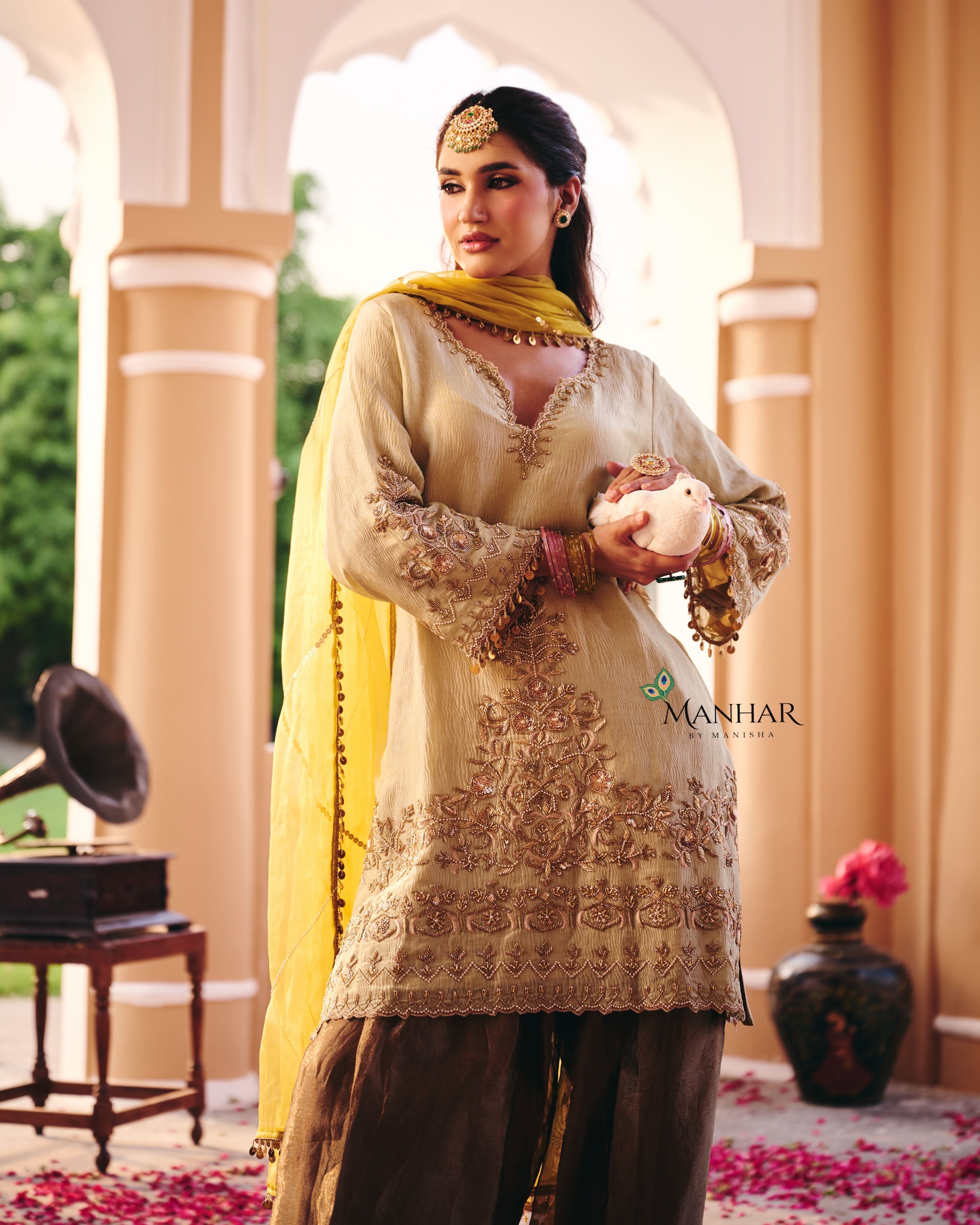 Pista Green and Copper Farshi Salwar Suit