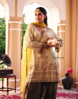 Pista Green and Copper Farshi Salwar Suit