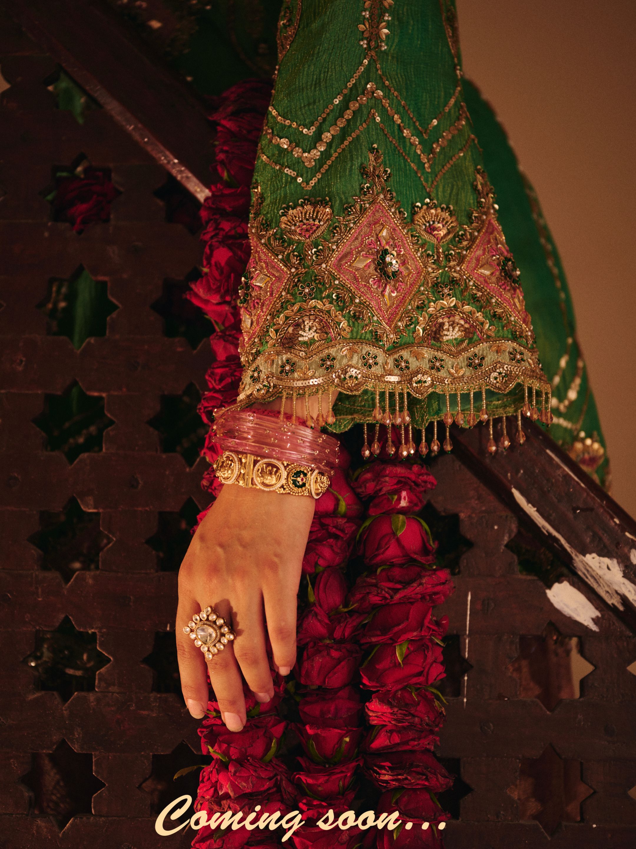3D Green with Hot Pink Dupatta Gharara Set