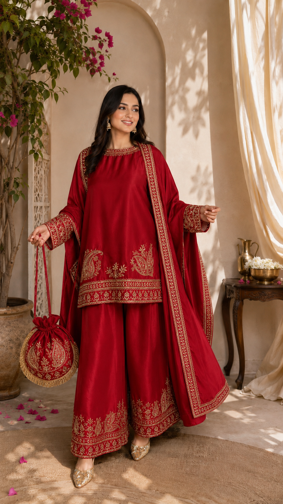Red embroidered Pant set