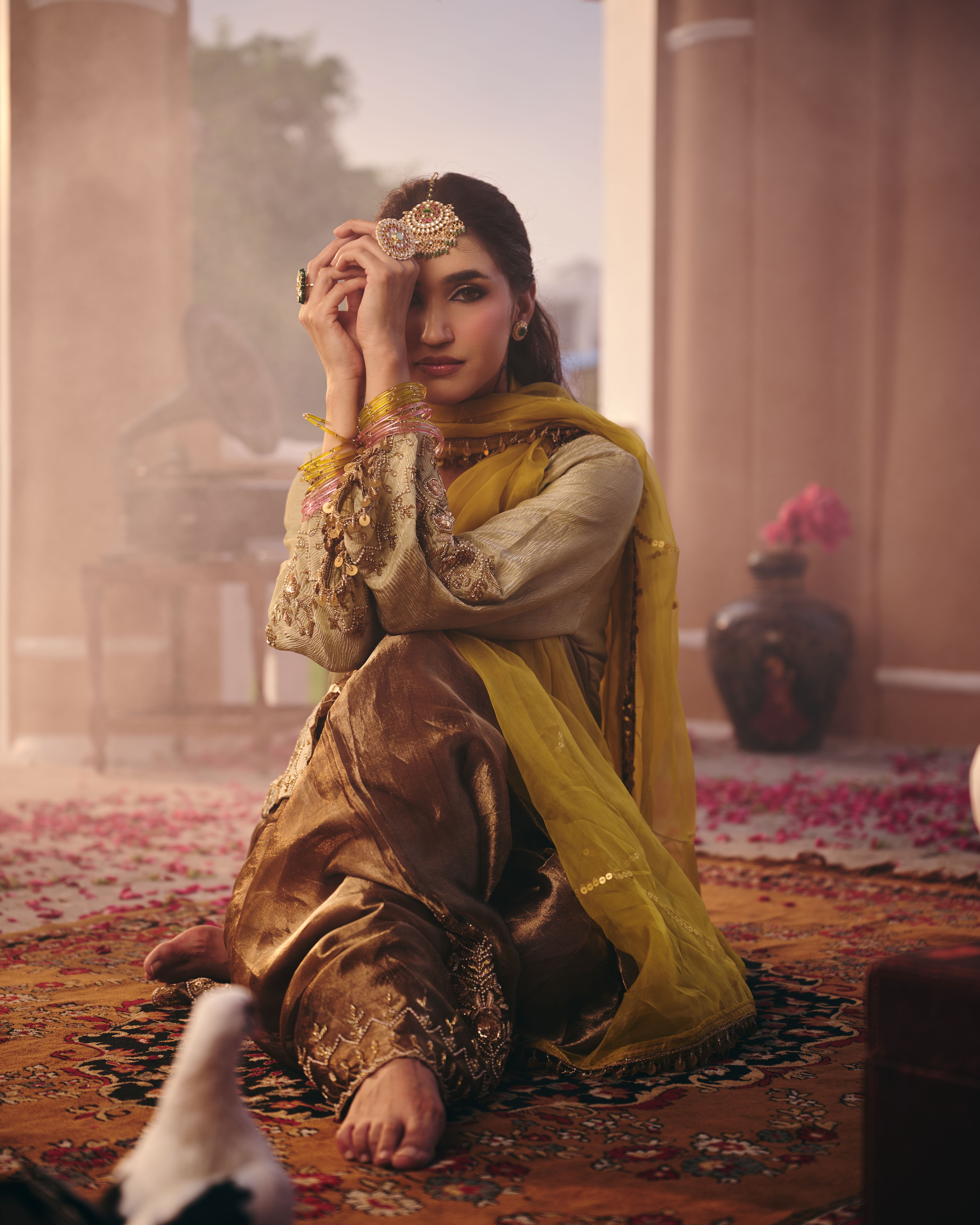 Pista Green and Copper Farshi Salwar Suit