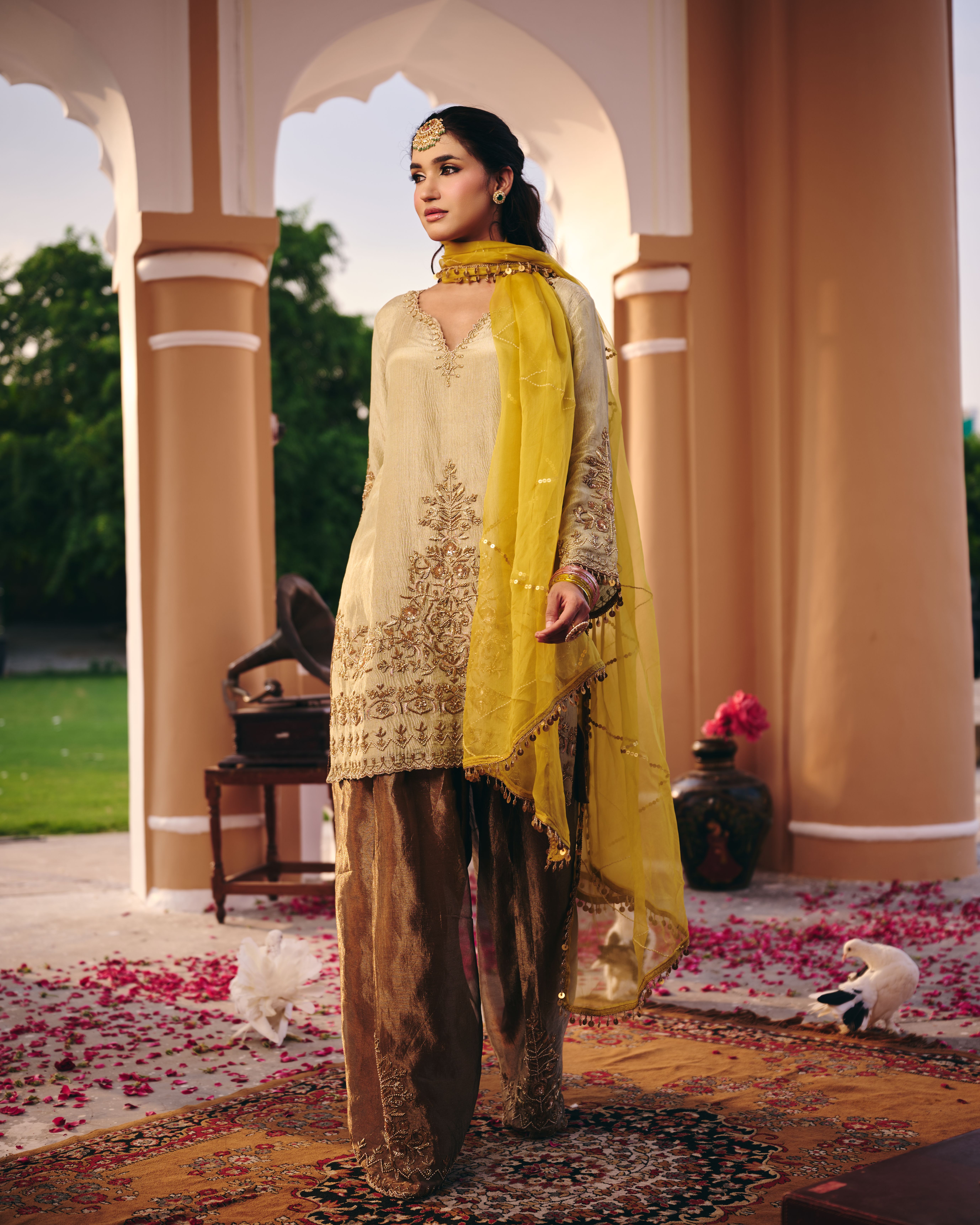 Pista Green and Copper Farshi Salwar Suit
