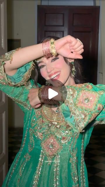 3D Green with Hot Pink Dupatta Gharara Set