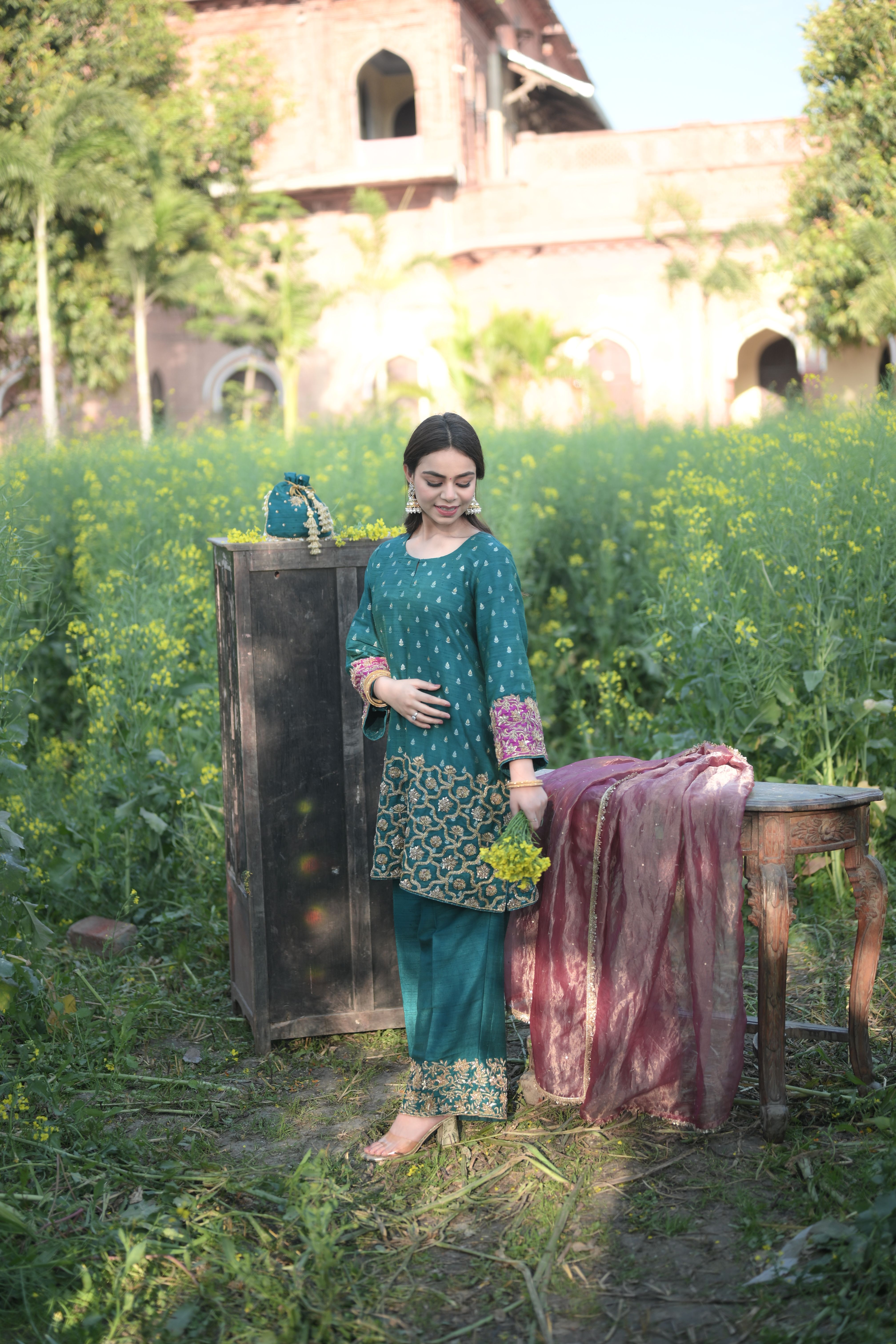 Emerald Teal and Wine Pant Set