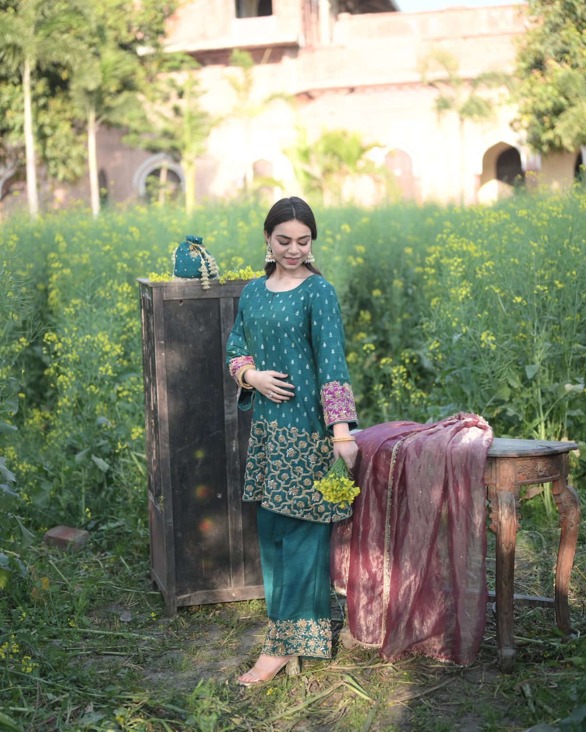 Emerald Teal and Wine Pant Set