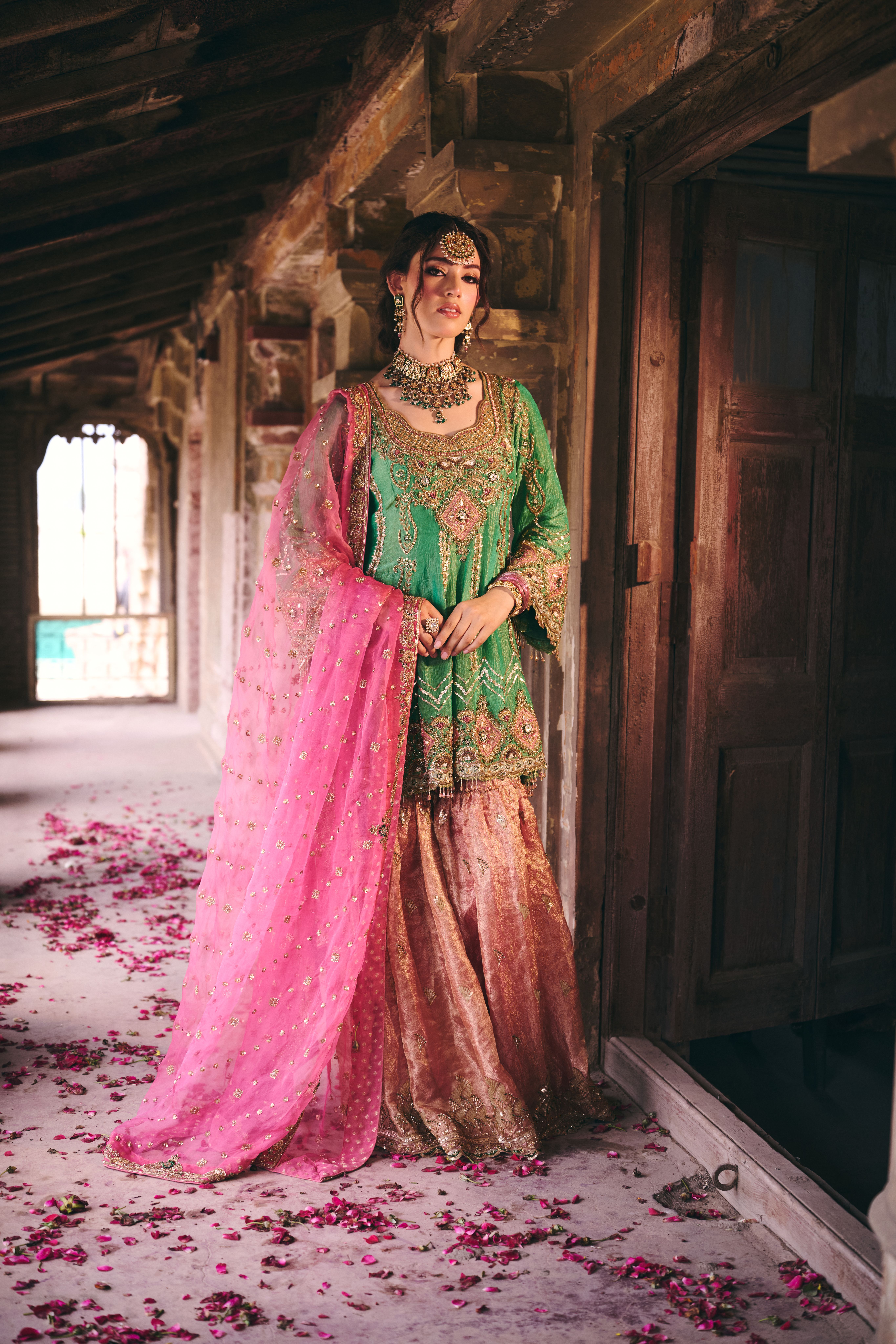 3D Green with Hot Pink Dupatta Gharara Set