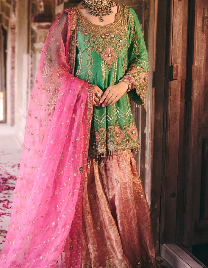 3D Green with Hot Pink Dupatta Gharara Set
