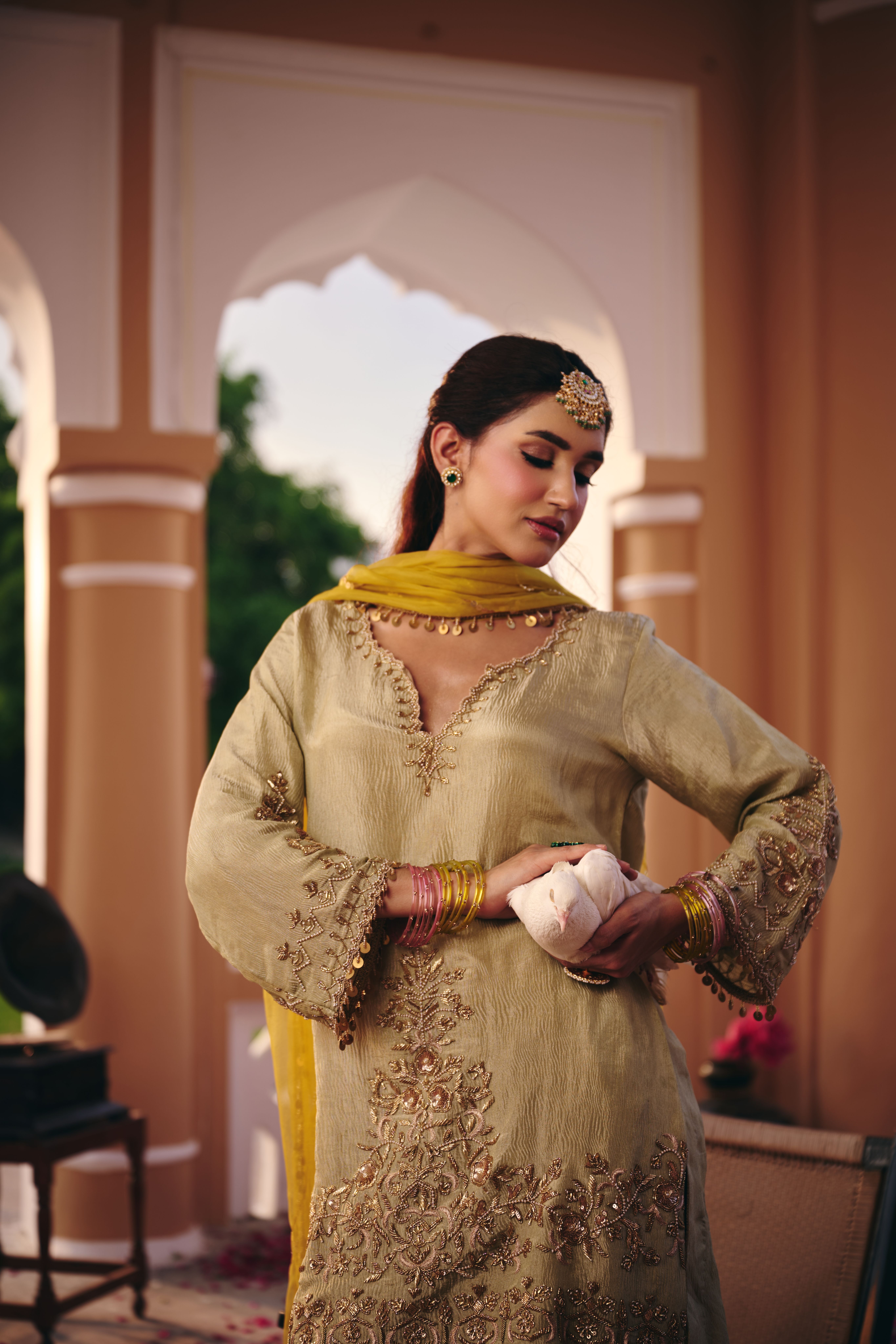 Pista Green and Copper Farshi Salwar Suit